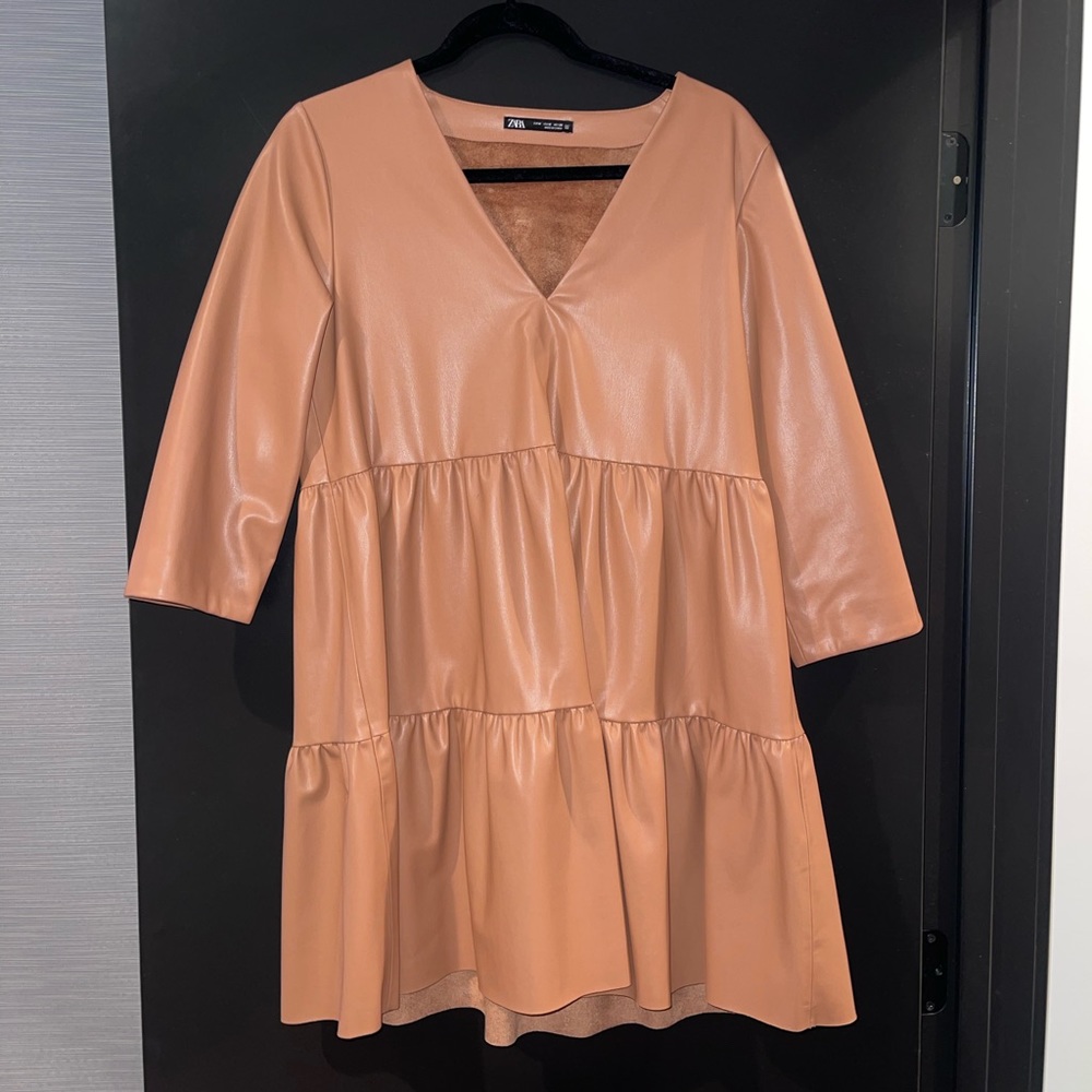 Tan Zara Faux Leather Babydoll Dress. Size M.